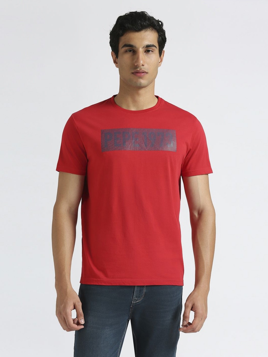 

Pepe Jeans Men Graphic Printed Round Neck Pure Cotton Slim Fit T-shirt, Red