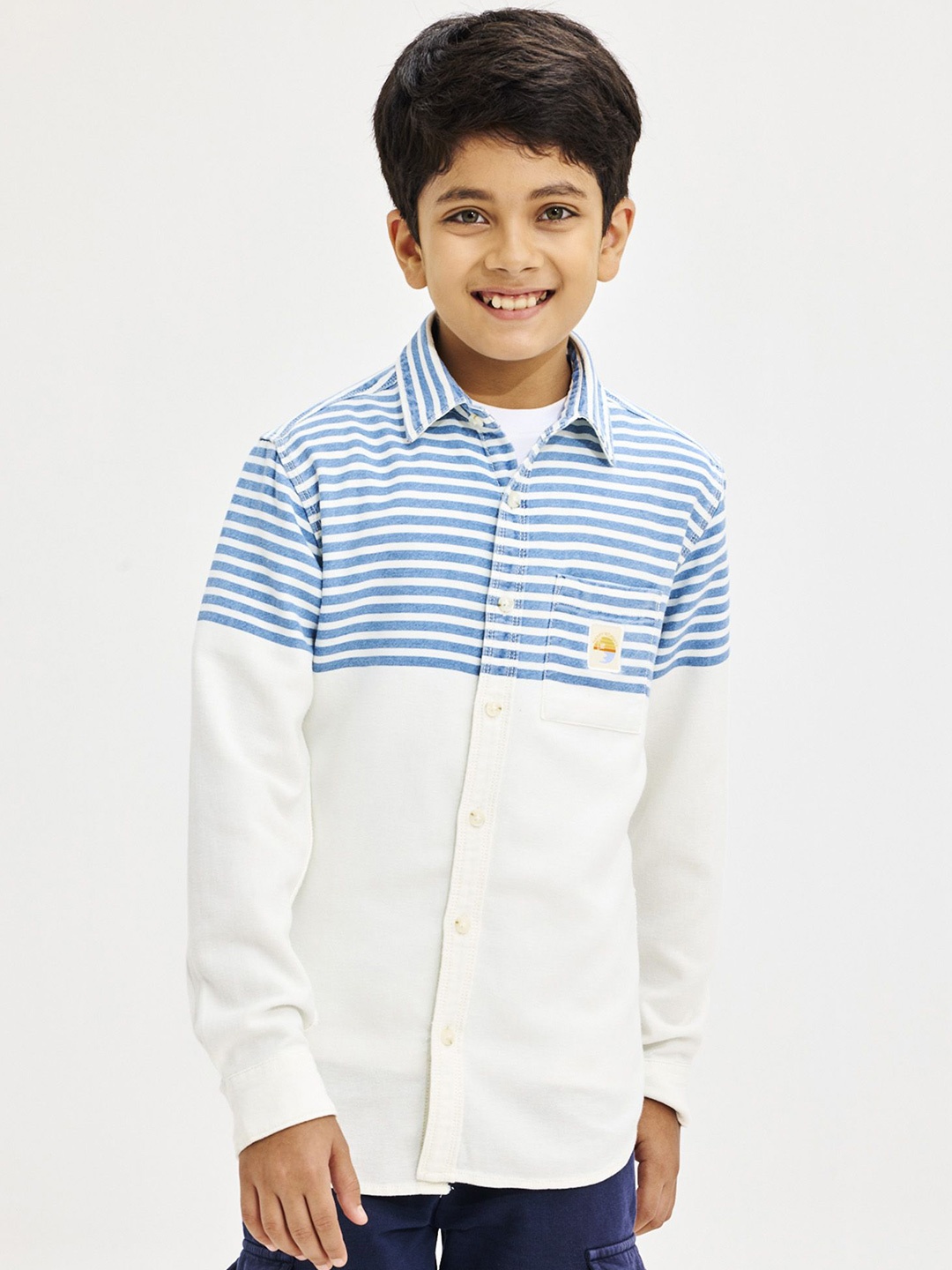 

NO MONDAYS Boys Relaxed Spread Collar Striped Cotton Casual Shirt, Blue