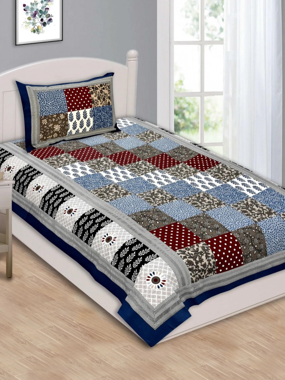 

LIVING ROOTS Blue & White Ethnic Motifs Cotton 144 TC Single Bedsheet with 1 Pillow Covers