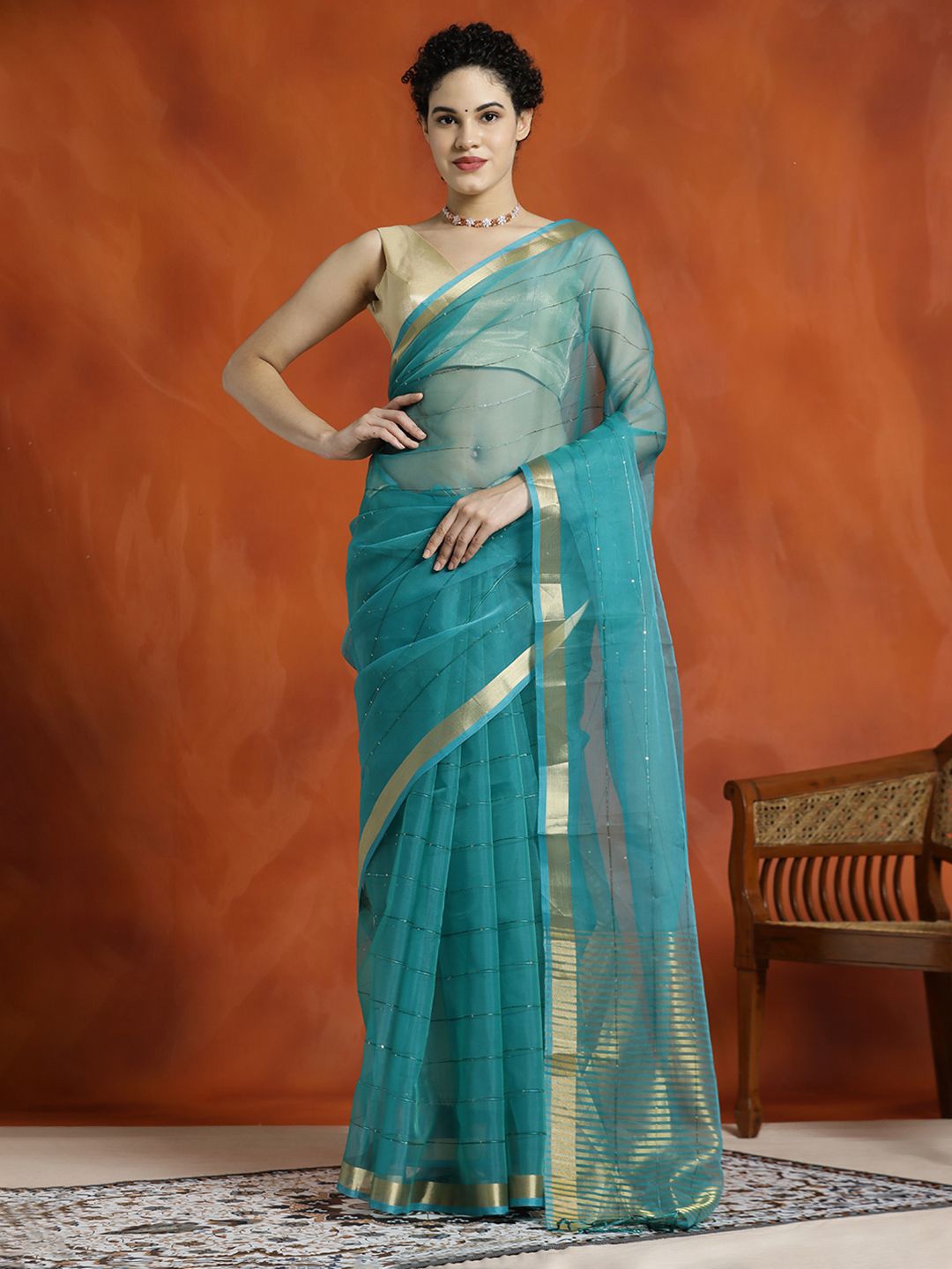 

Jaipur Kurti Sequin Embellished Banarasi Organza Saree, Teal