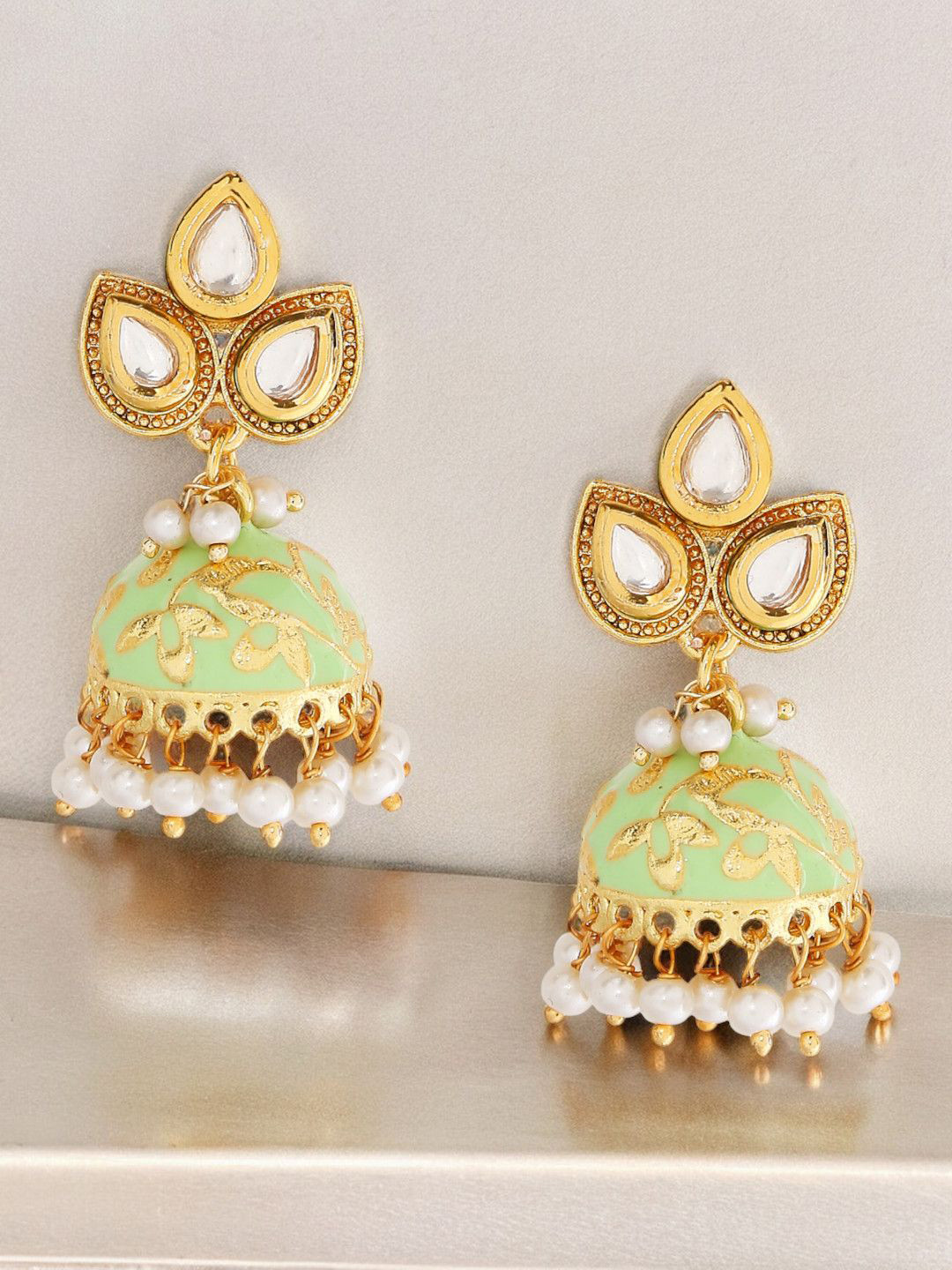 

Anouk Dome Shaped Meenakari Enamel with Kundan & Pearls Jhumkas, Green