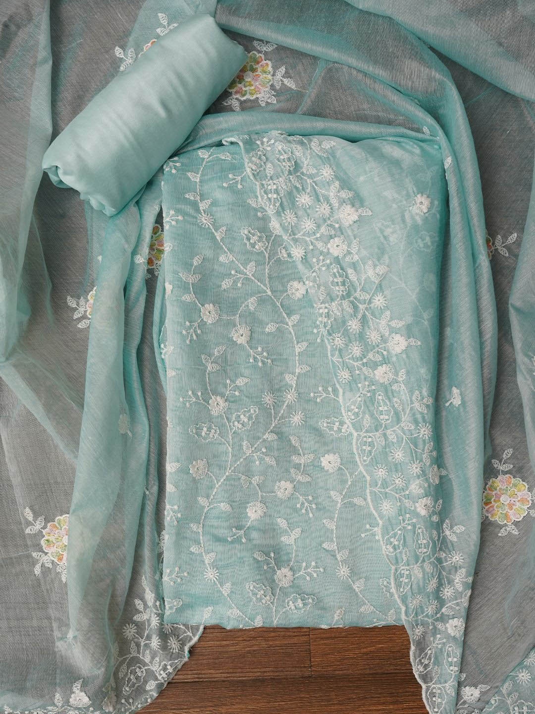 

Jaipur Kurti Sea Green Floral Cotton Lucknowi Embroidered Dress Material with Dupatta