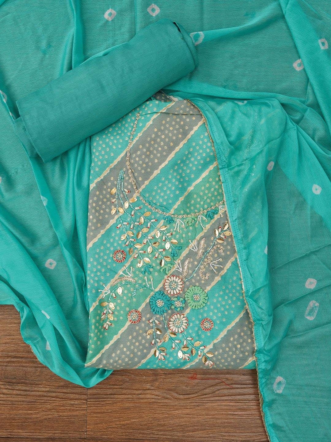 

Jaipur Kurti Unstitched Cotton Bandhani Printed Dress Material With Dupatta, Turquoise blue