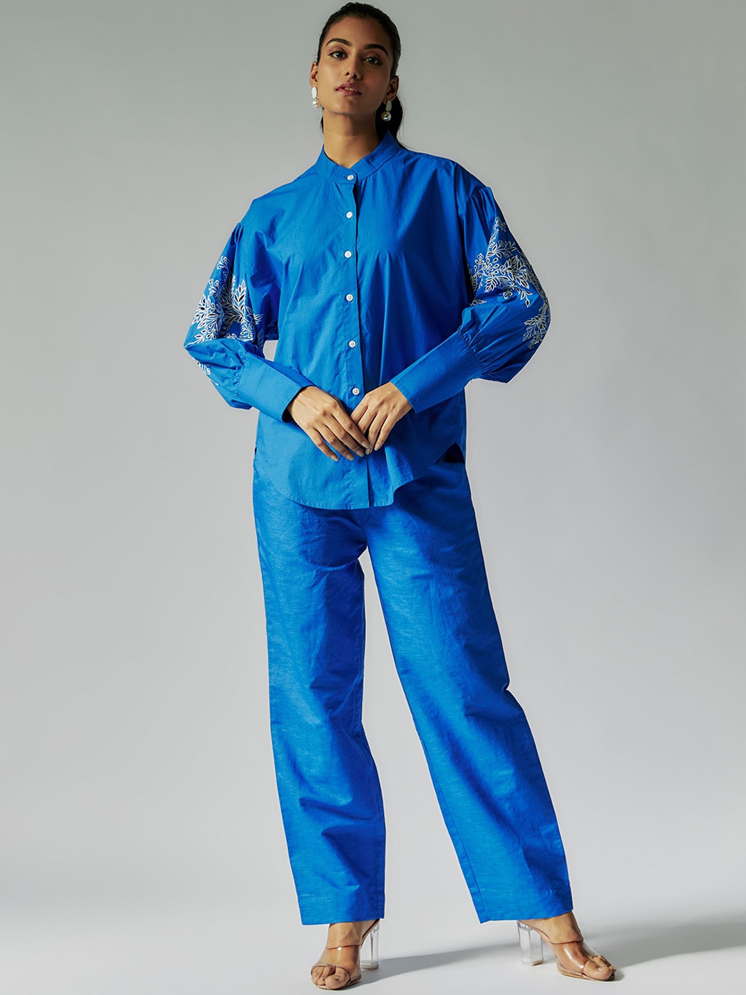 

Maisolos Embroidered Linen Cotton Shirt & Trouser, Blue