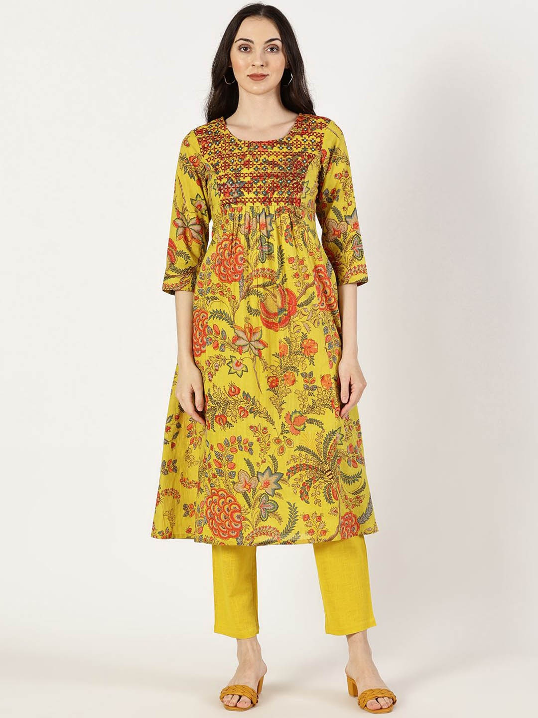 

Saffron Threads Floral Printed Mirror Work Pure Cotton A-Line Kurta, Mustard
