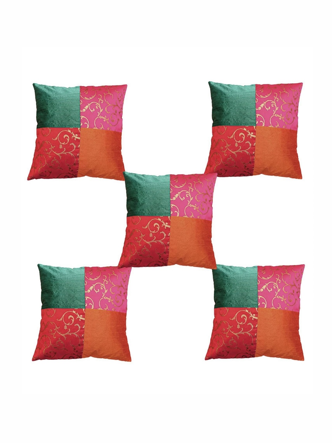 

Pink Parrot Green & Orange 5 Pieces Colourblocked Square Cushion Covers