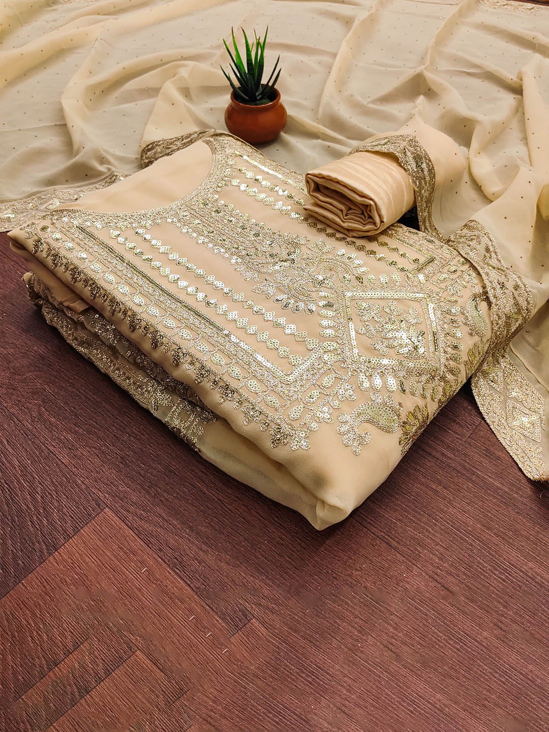 

Maroosh Ethnic Motifs Embroidered Sequinned Unstitched Dress Material, Beige