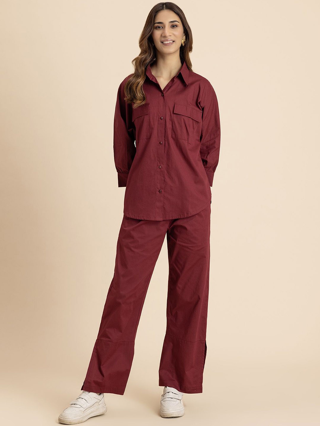 

Moomaya Cuffed Sleeves Pure Cotton Shirt With Trousers, Maroon