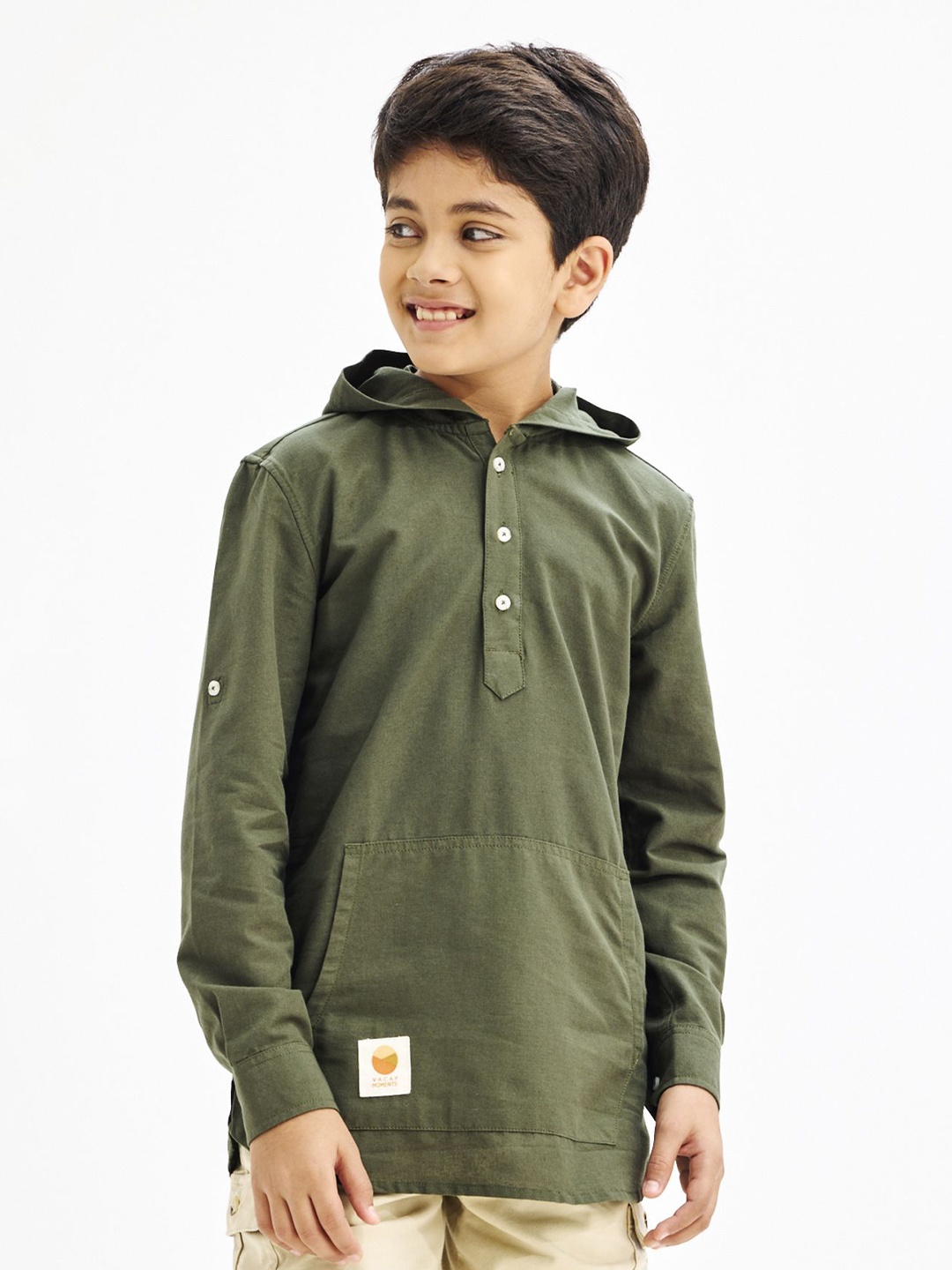 

NO MONDAYS Boys Relaxed Hood Solid Cotton Casual Shirt, Olive