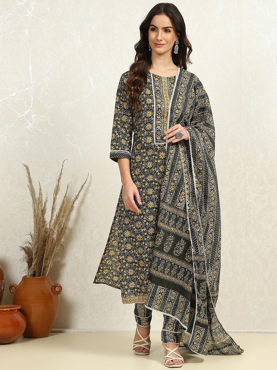 

Biba Floral Printed Sequinned Pure Cotton Unstitched Dress Material, Green