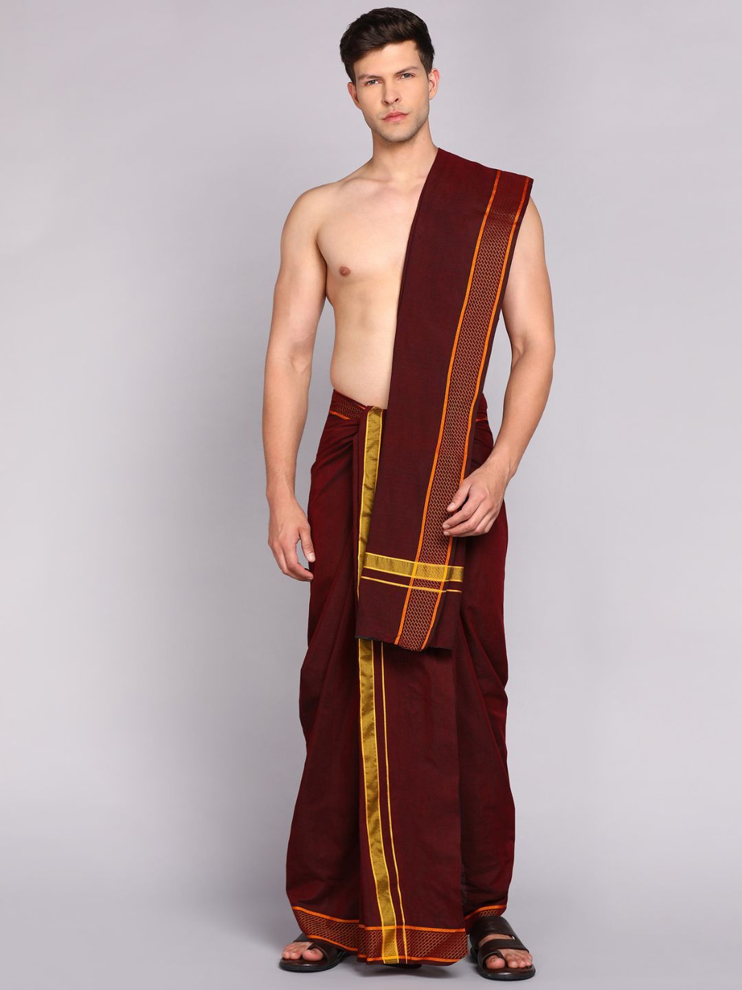 

Ethazh Men Cotton Dhoti & Angavasthram with Woven Zari Border, Maroon