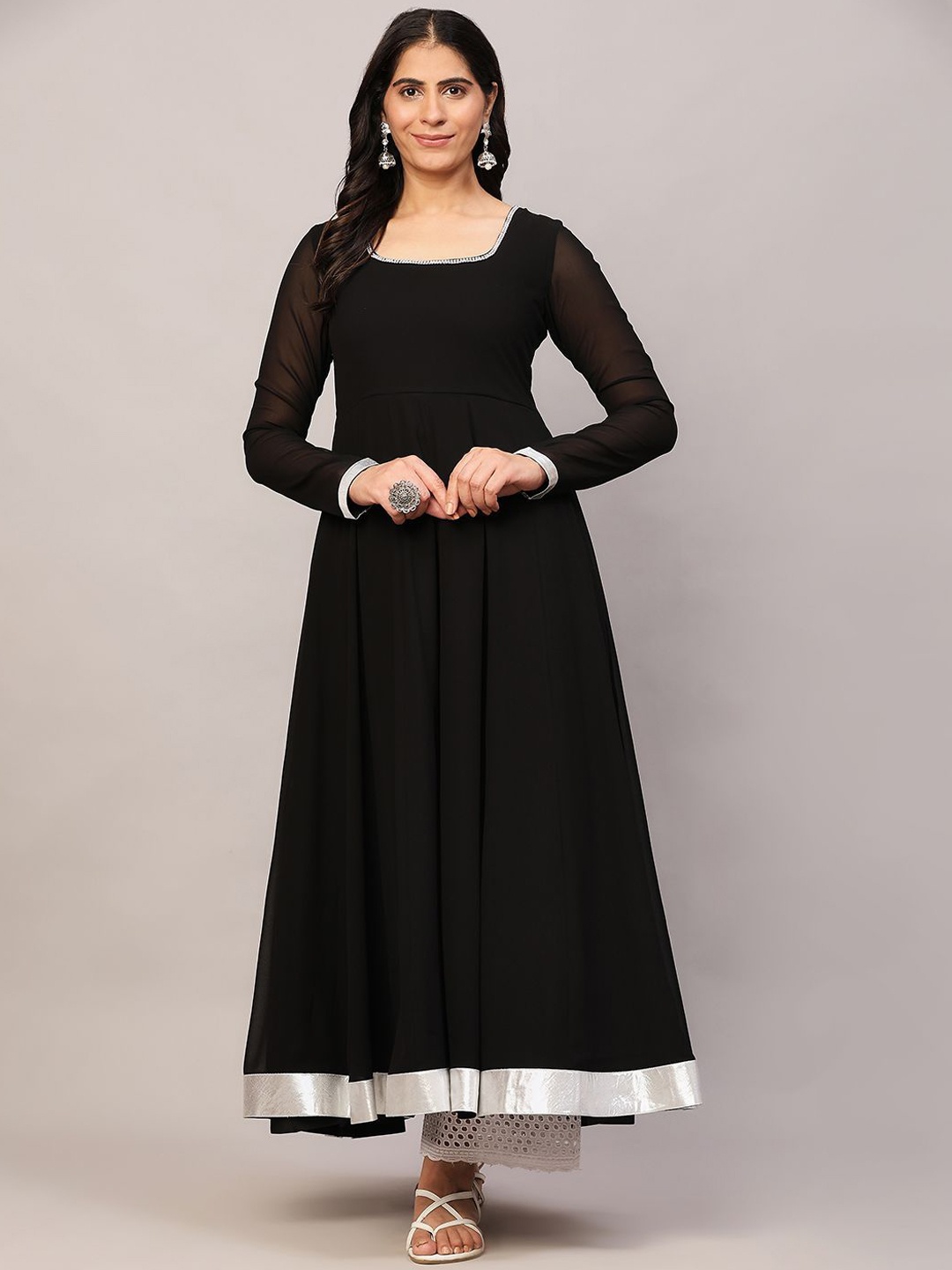 

Poshak Hub Beads and Stones Georgette Anarkali Kurta, Black