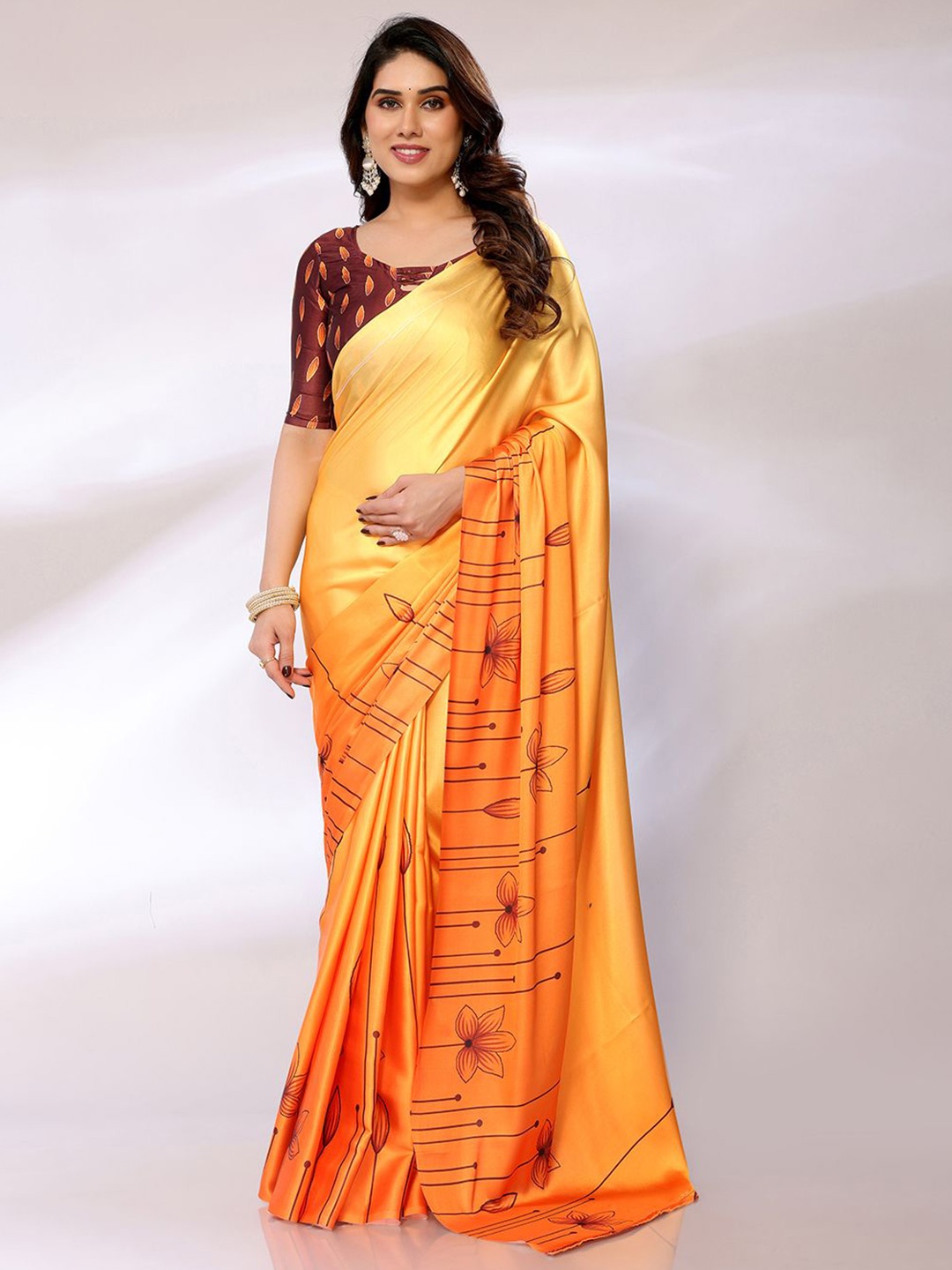 

FABMORA Printed Satin Saree, Orange