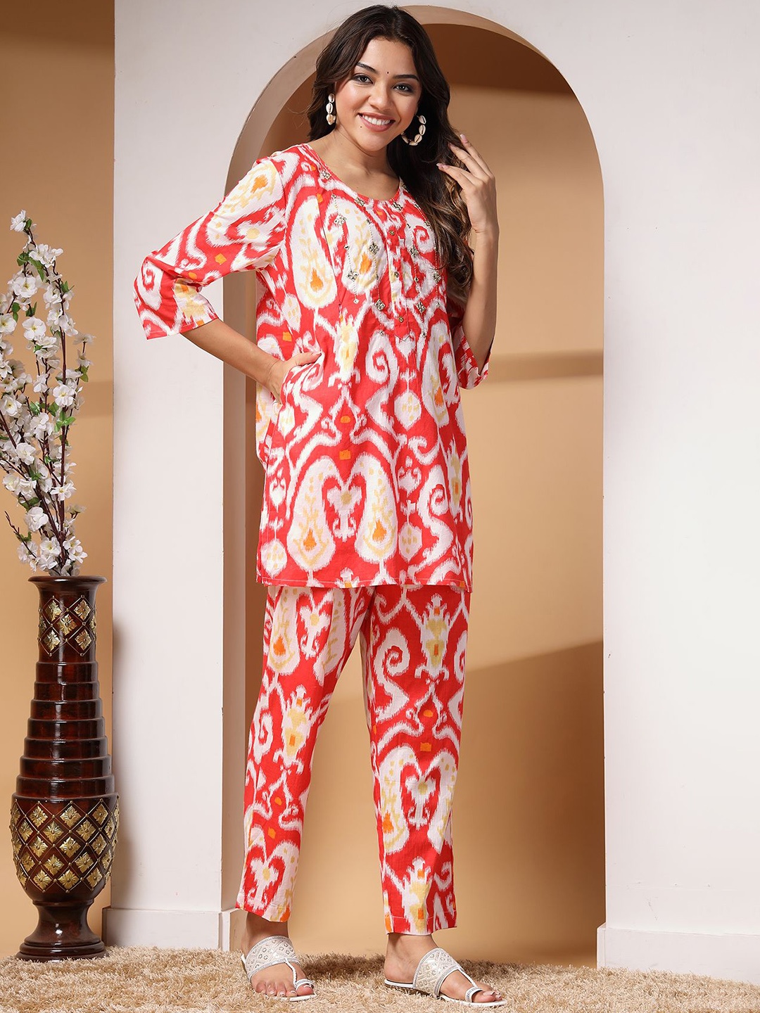 

House Of Zelena Printed Maternity Pure Cotton Tunic & Trousers, Red