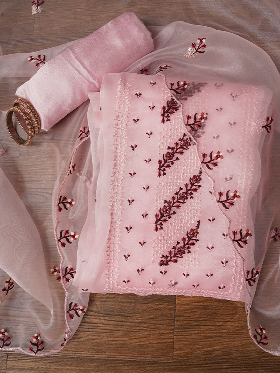 

Jaipur Kurti Zari Embroidered Organza Dress Material with Dupatta, Pink