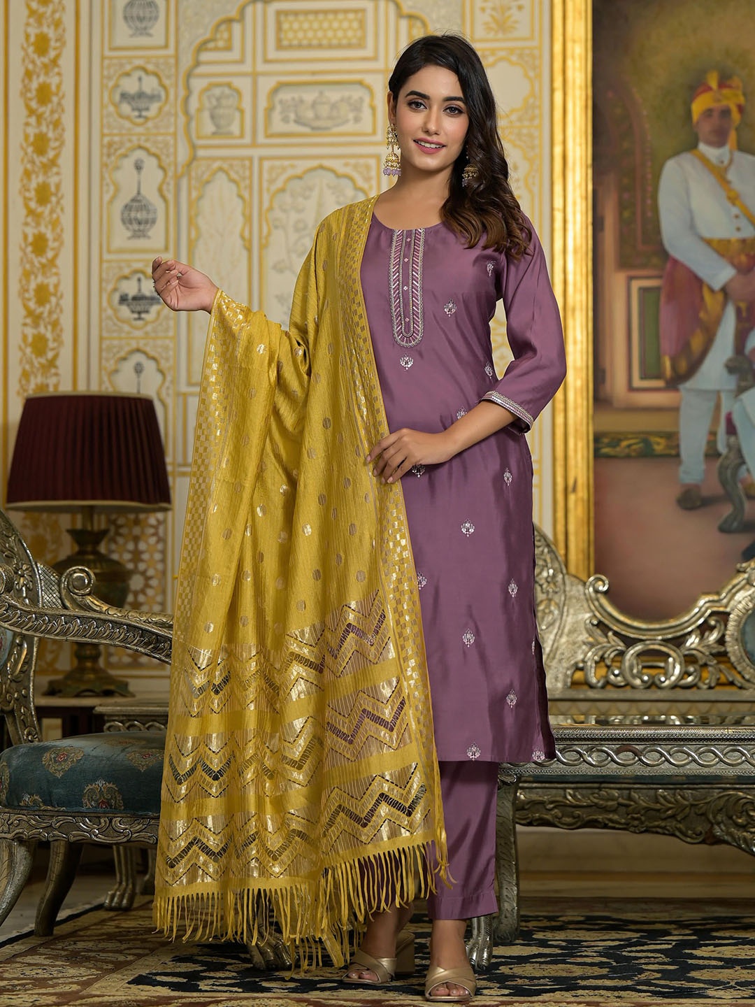 

Juniper Floral Embroidered Zari Straight Kurta With Trousers & Dupatta, Pink