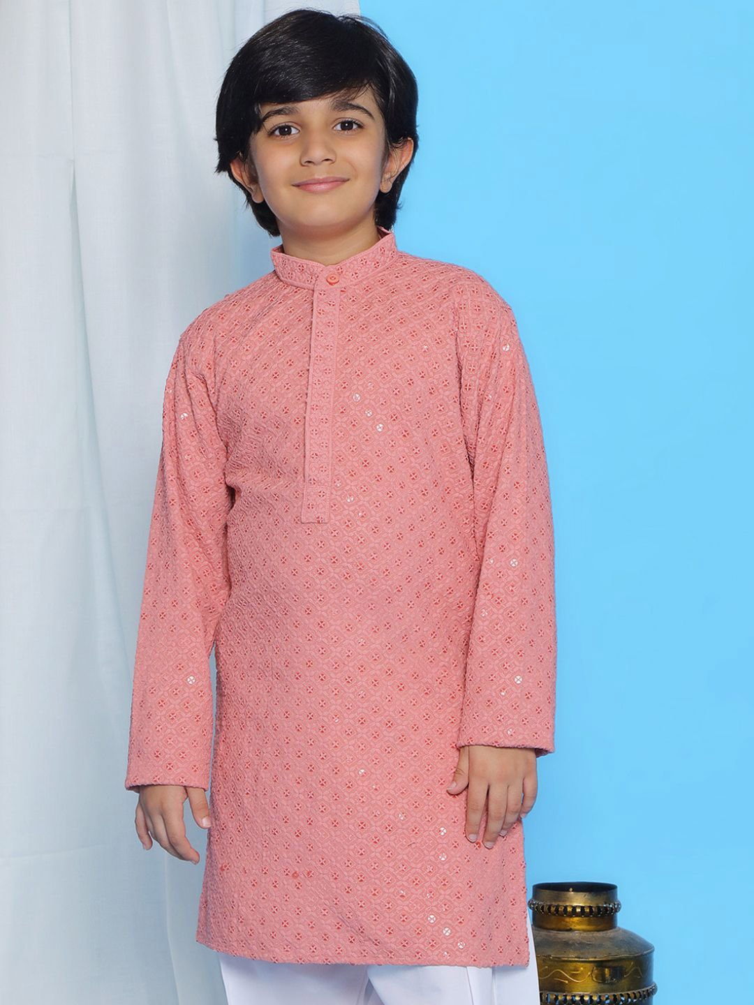 

Aj DEZInES Boys Floral Embroidered Band Collar Sequins Straight Kurta, Peach