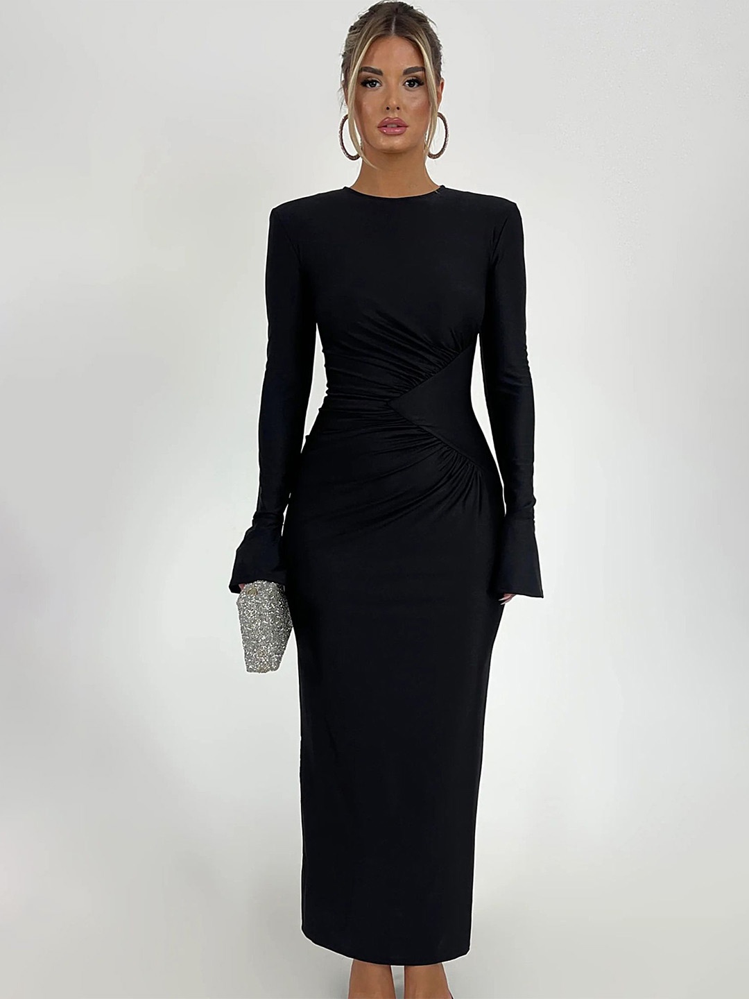 

LULU & SKY Extended Sleeves Solid Sheath Maxi Dress, Black