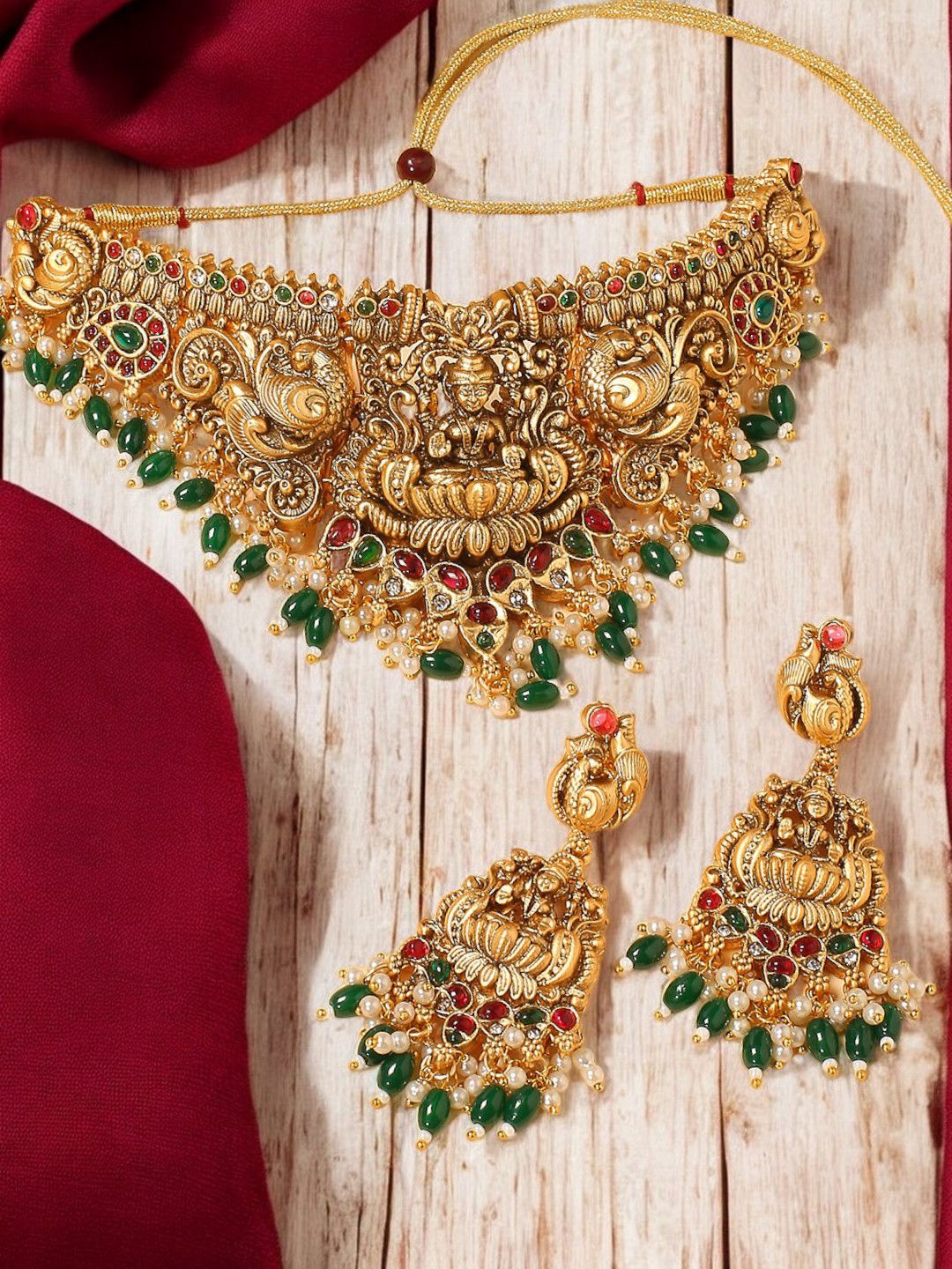 

Anouk Stone-Studded & Beaded Laxmi Choker Temple Jewellery Set, Gold