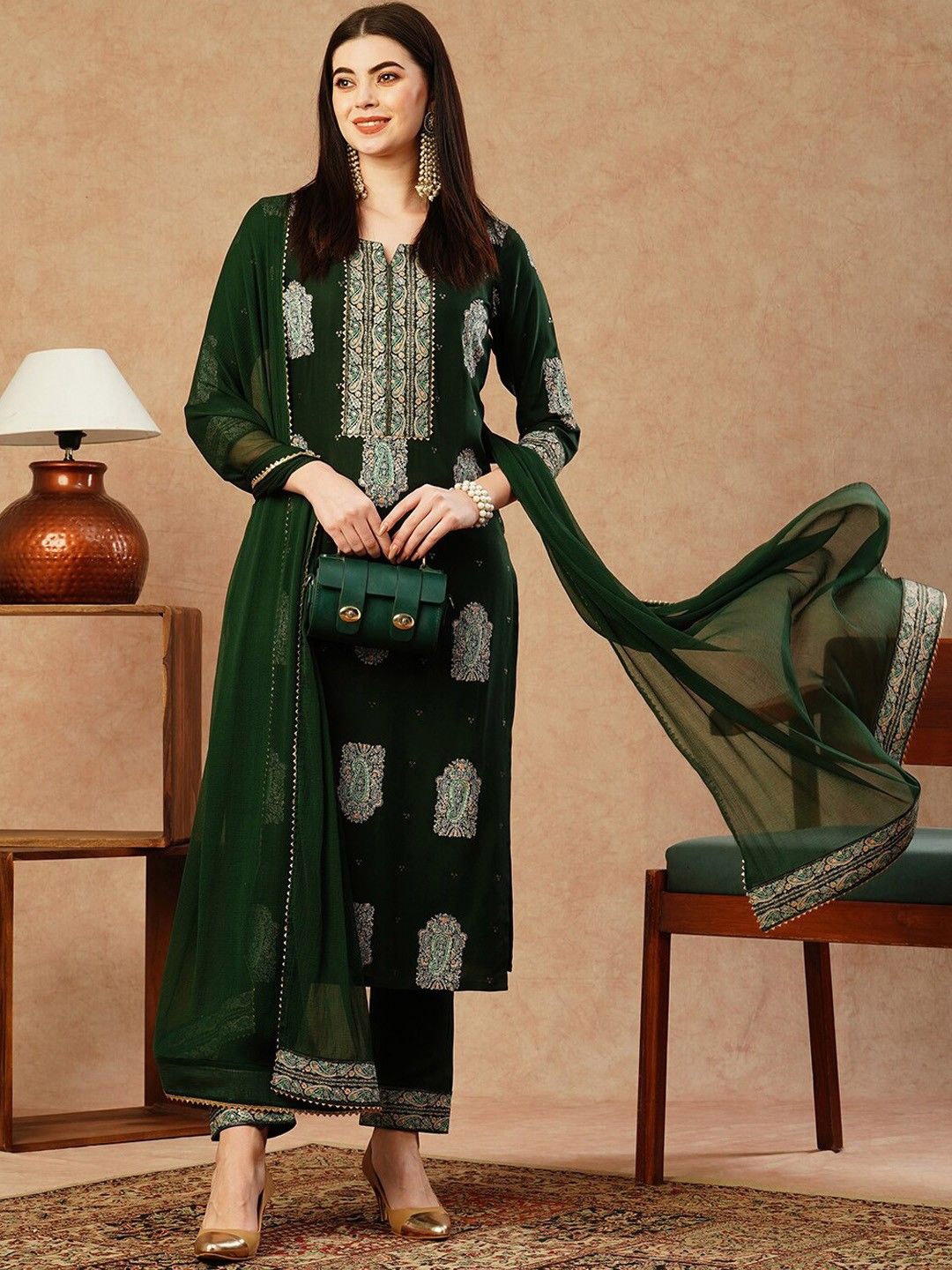 

Anni Designer Paisley Printed Regular Gotta Patti Viscose Rayon Kurta & Trousers & Dupatta, Green