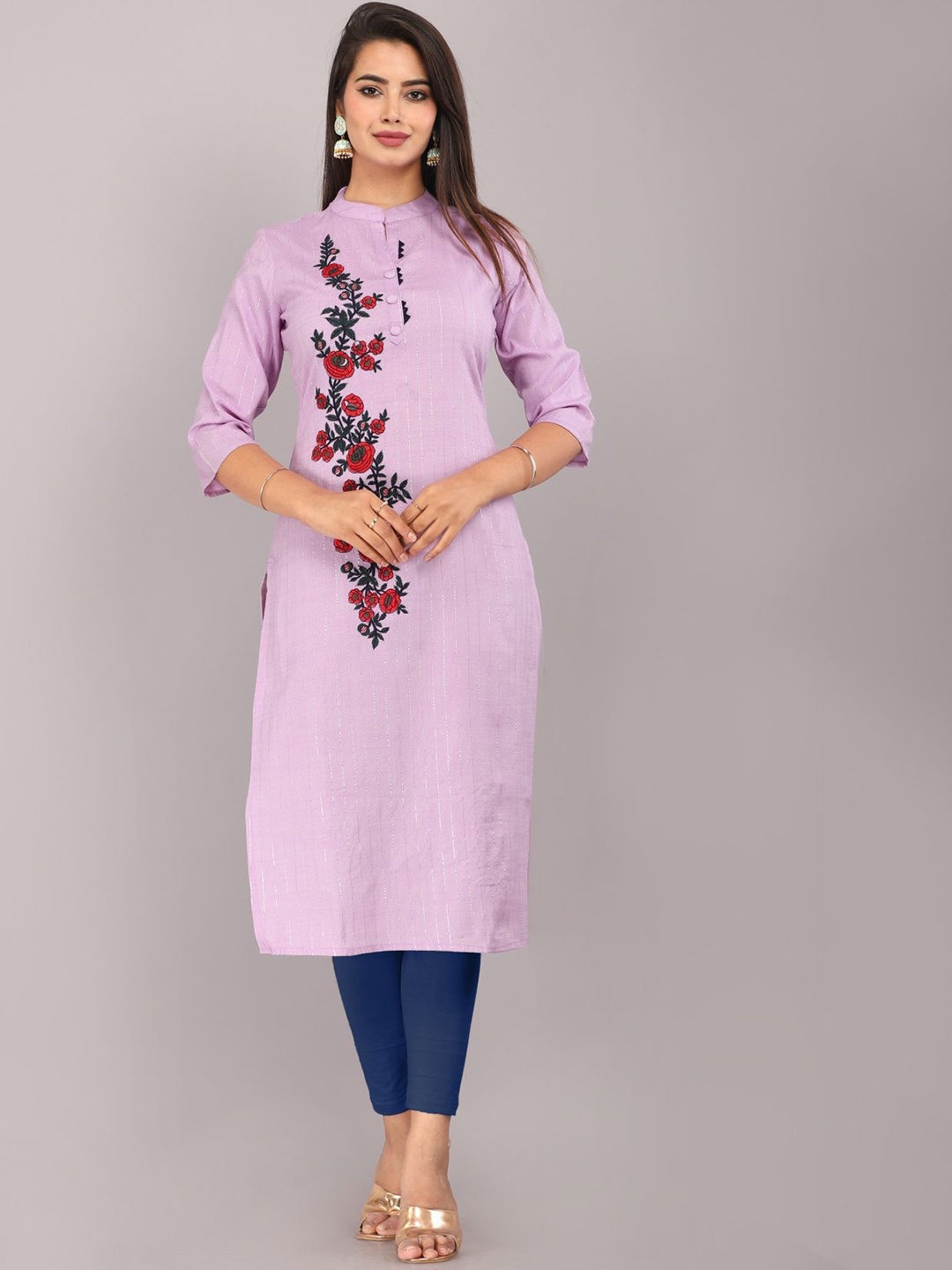 

Mehsoos Floral Embroidered Mandarin Collar Cotton Straight Kurta, Purple