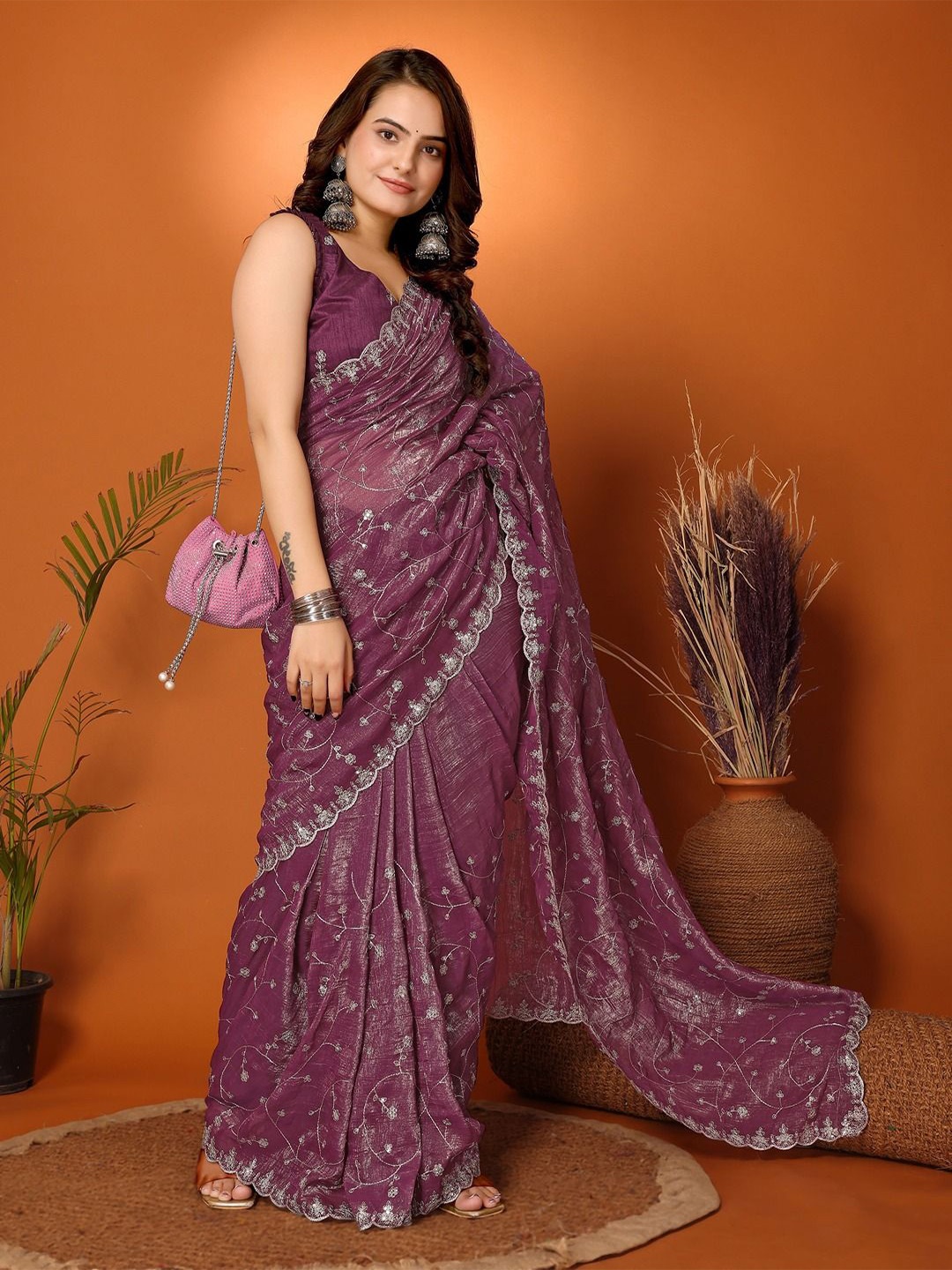 

FABMORA Embellished Zardozi Tissue Saree, Magenta