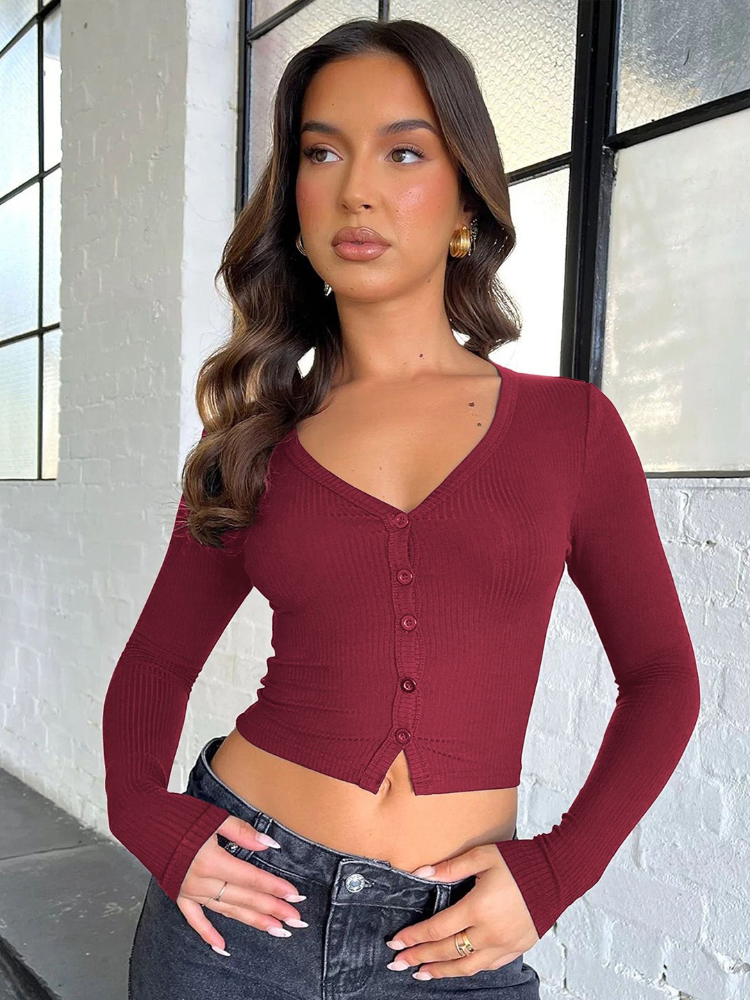 

StyleCast x Revolte Women Solid V-Neck Top, Maroon