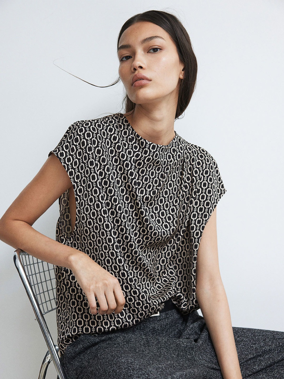 

H&M Printed Draped Blouse, Black