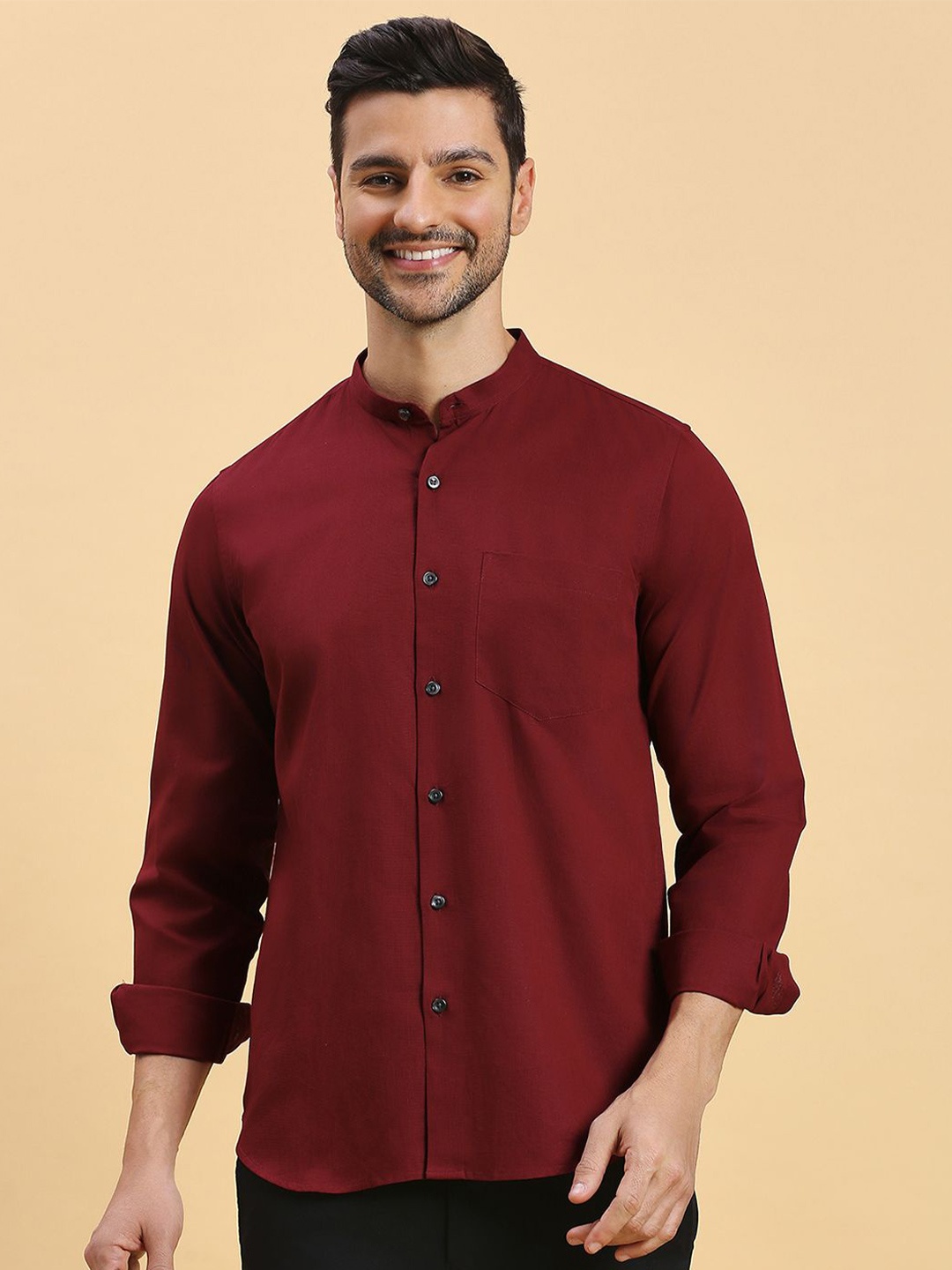 

JAPS Men Classic Mandarin Collar Solid Casual Shirt, Maroon