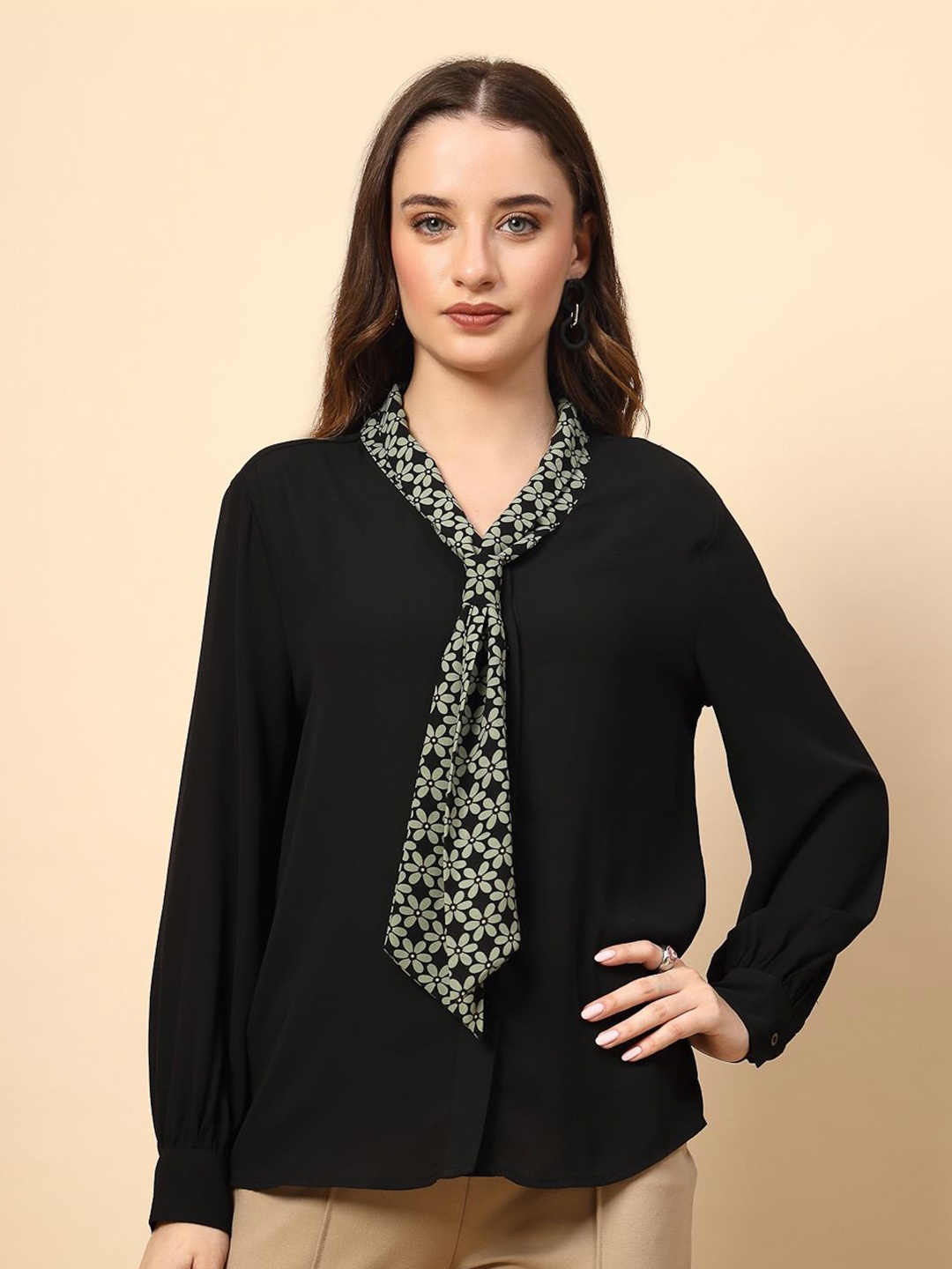 

Gipsy Women Solid Tie-Up Neck Top, Black