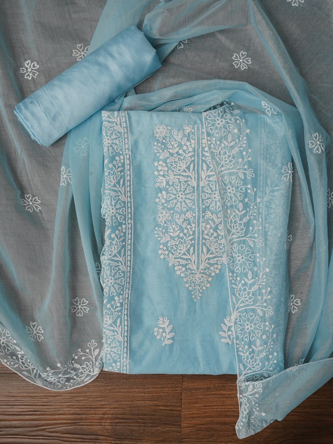 

Jaipur Kurti Zari Embroidered Organza Dress Material with Dupatta, Blue