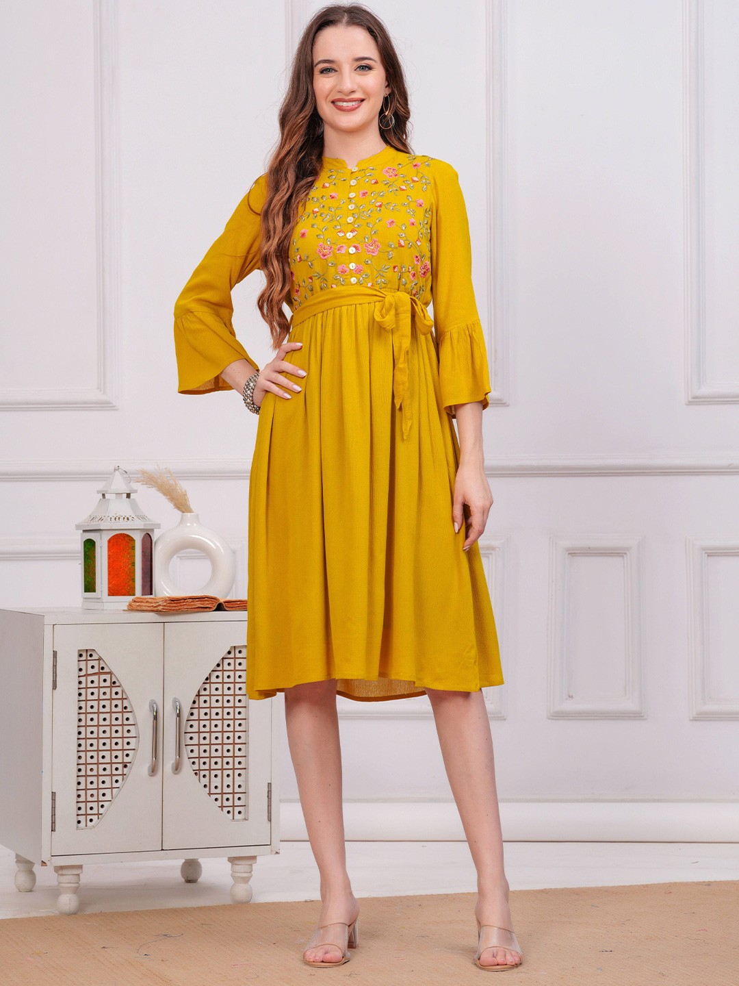

SIDDHANAM Embroidered Flared Sleeve Fit & Flare Dress, Mustard
