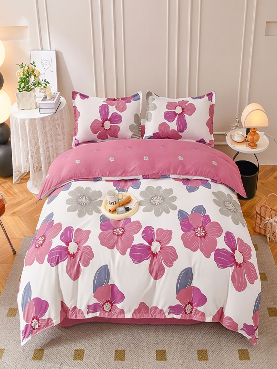 

JC HOME Pink & White 4 Pieces Floral Single Regular Bedding Set