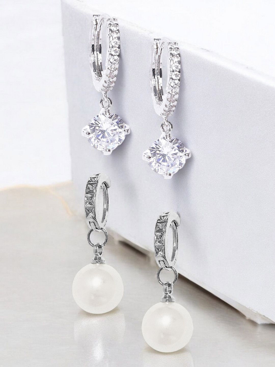 

fabula Set of 2 Contemporary Metal Cubic Zirconia And Pearls Beaded Drop Earrings, Silver