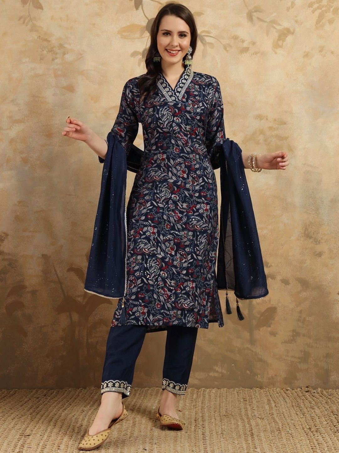 

KALINI Floral Printed Thread Work Chanderi Silk Straight Kurta With Trousers & Dupatta, Navy blue