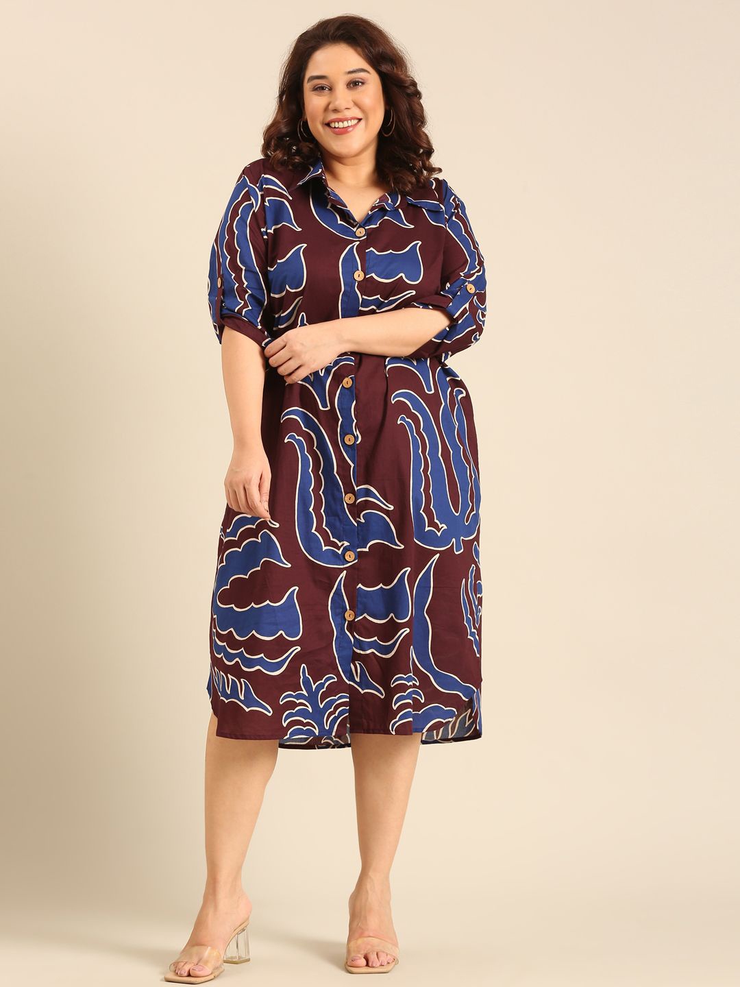 

The Pink Moon Plus Size Printed Shirt Midi Dress, Navy blue