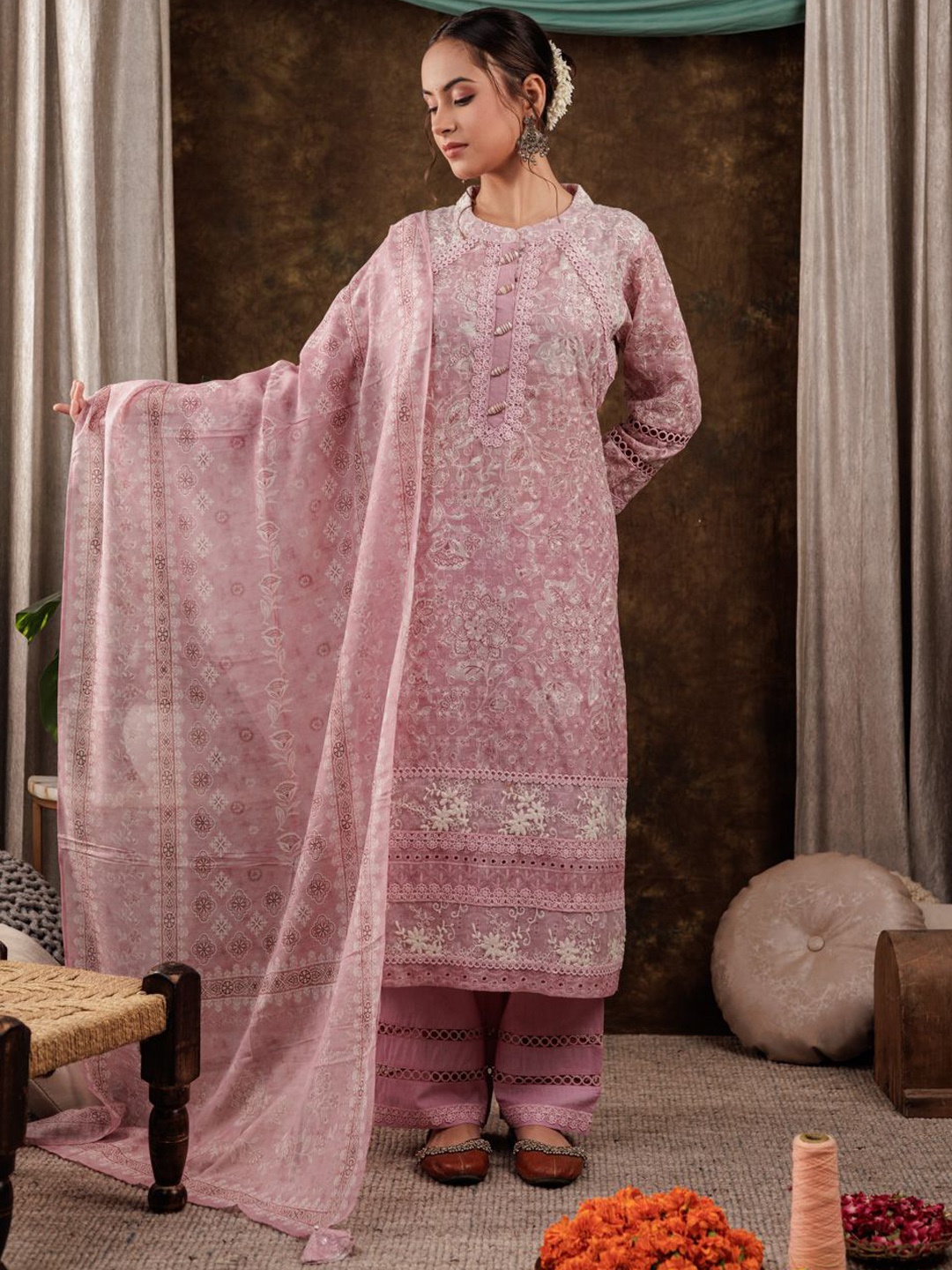 

Yufta Floral Printed Sequinned Pure Cotton Kurta With Trousers & Dupatta, Pink