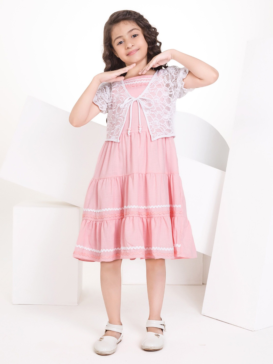 

Peppermint Girls Self Design Fit and Flare Dress, Peach
