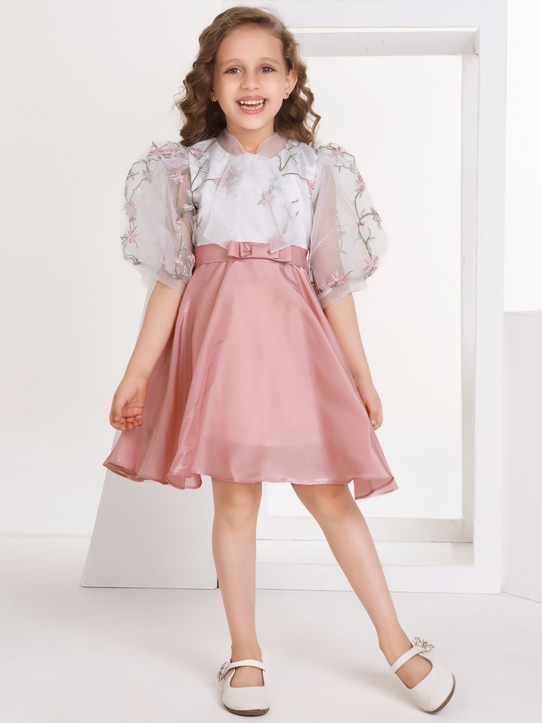 

Peppermint Girls Embroidered Puff Sleeve Fit & Flare Dress, Peach