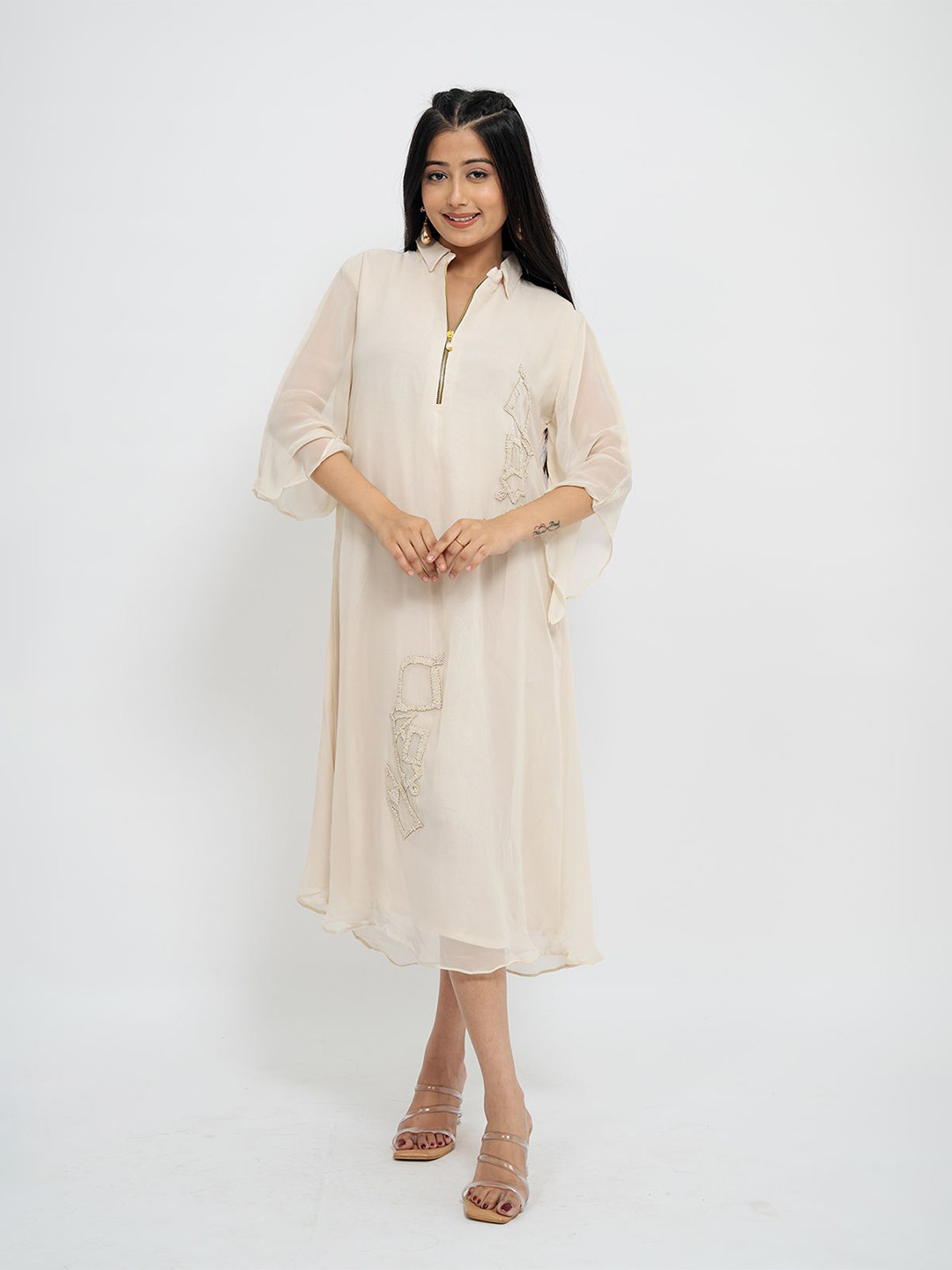 

AFFAIRE'S BY LEVELL5 Women Solid A-Line Midi Dress, Off white