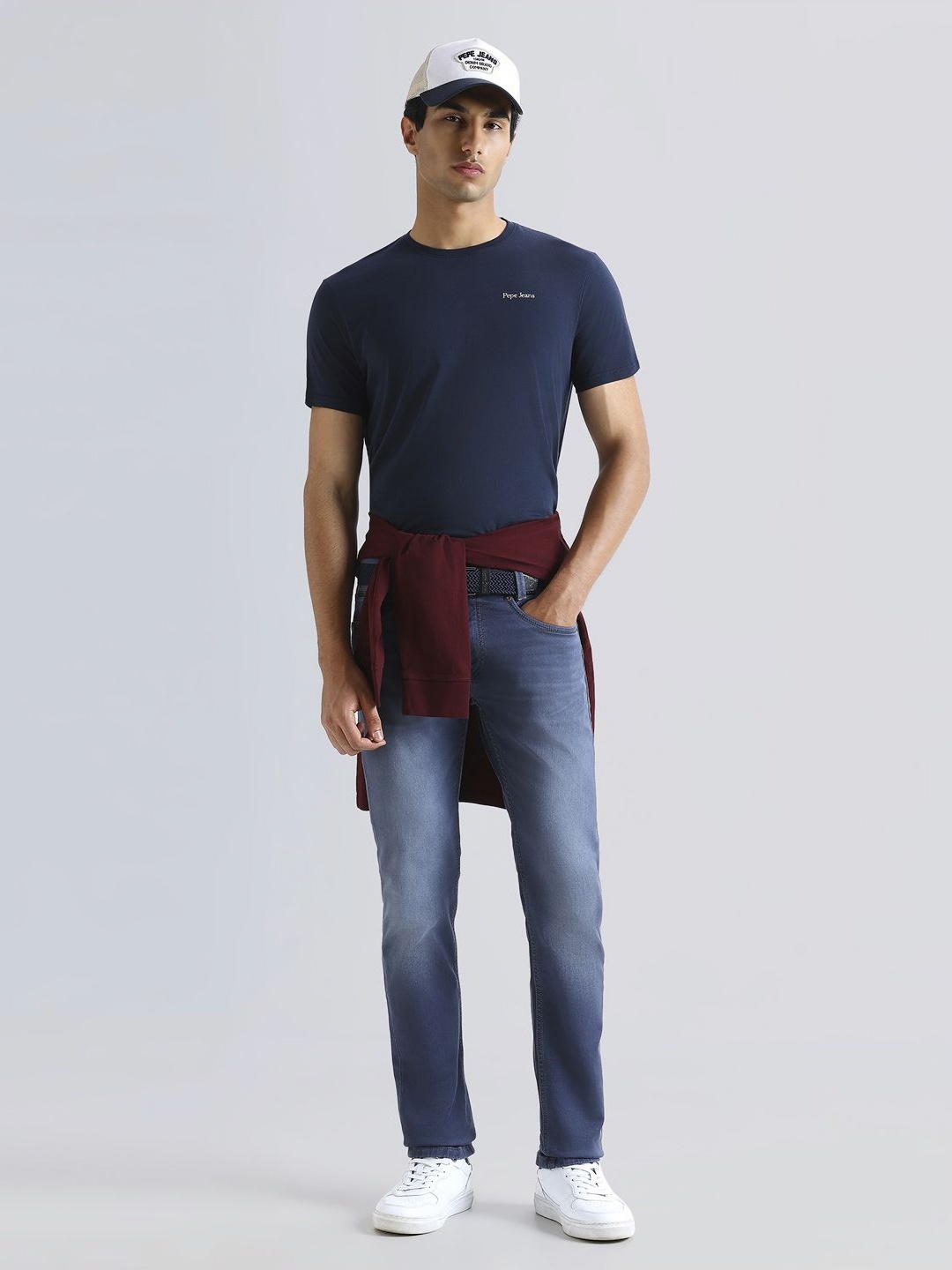 

Pepe Jeans Men Graphic Printed Round Neck Pure Cotton Slim Fit T-shirt, Blue