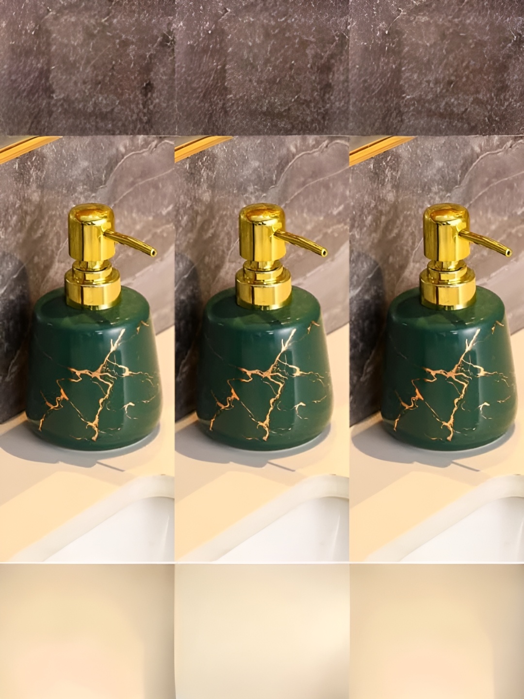 

UMAI Green & Gold-Toned 3 Pieces Abstract Matte Ceramic Soap Dispenser