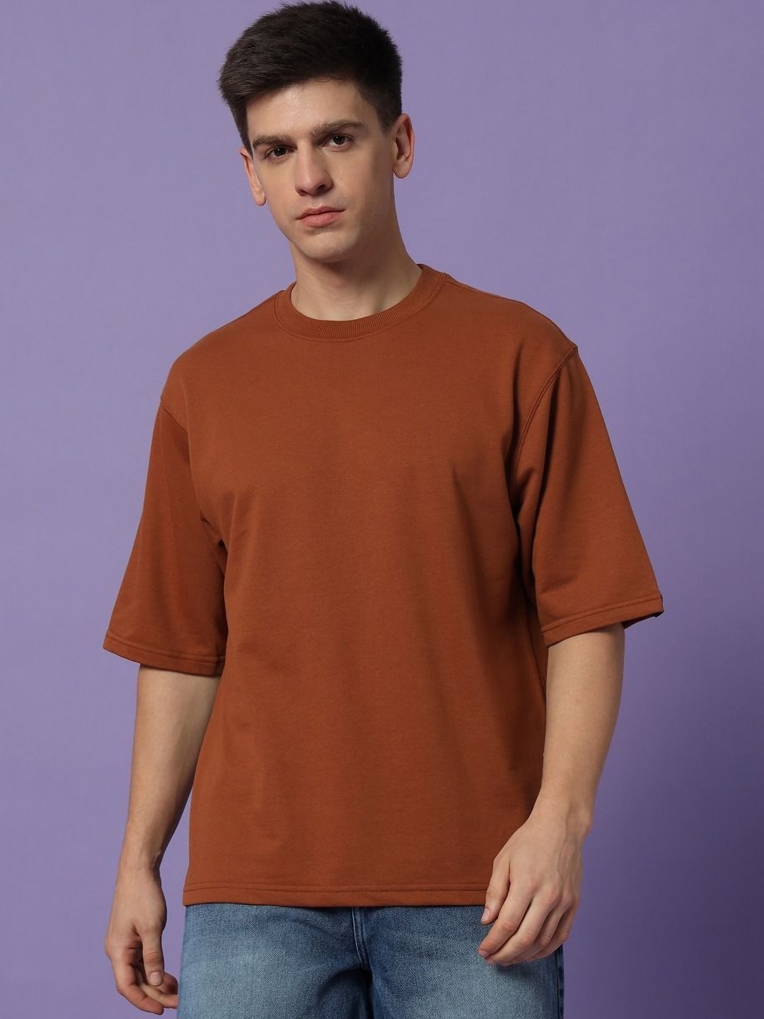 

PockMAN Men Bio Finish Solid Round Neck Pure Cotton Oversized T-shirt, Brown