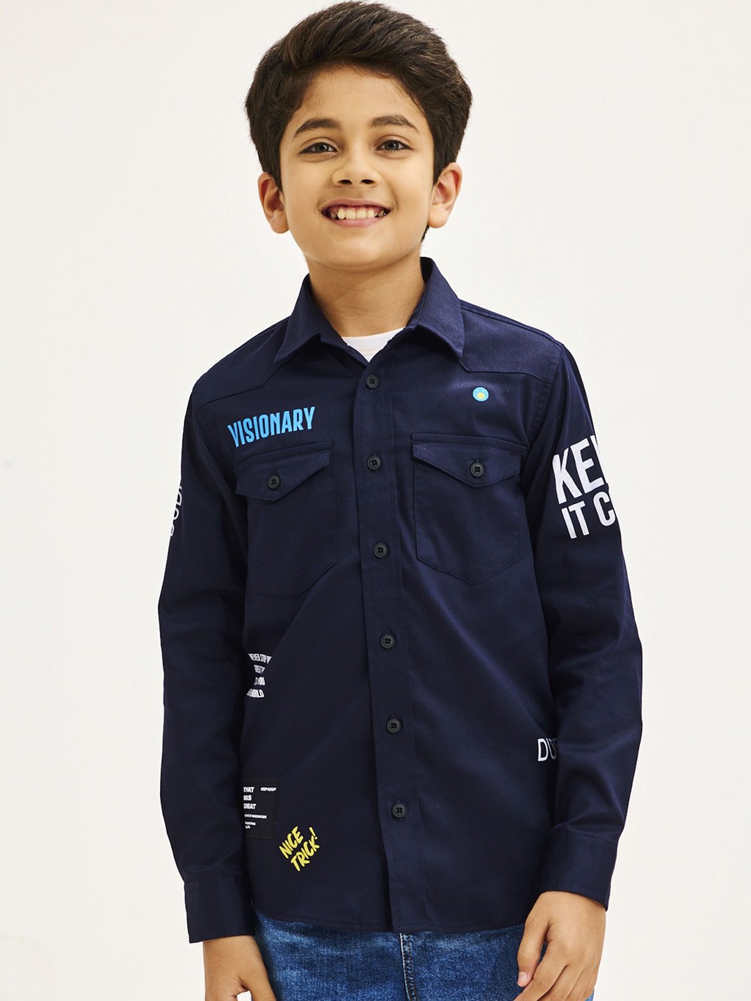 

NO MONDAYS Boys Relaxed Spread Collar Typography Printed Cotton Casual Shirt, Navy blue
