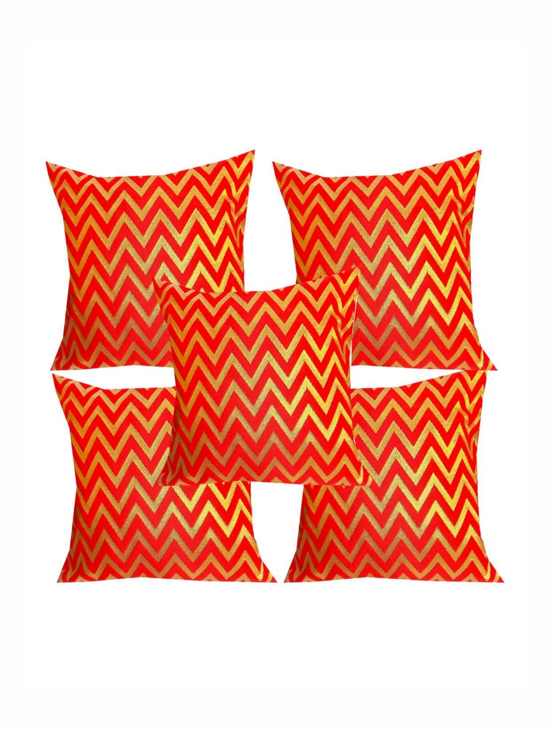 

Pink Parrot Gold-Toned & Red 5 Pieces Geometric Jacquard Square Cushion Covers