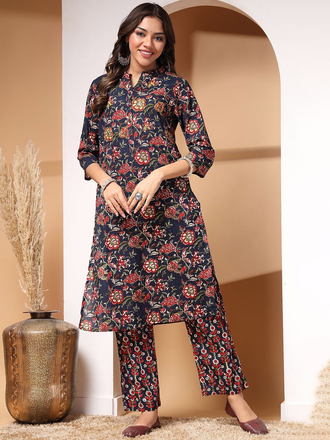 

House Of Zelena Printed Maternity Pure Cotton Tunic With Trousers, Navy blue