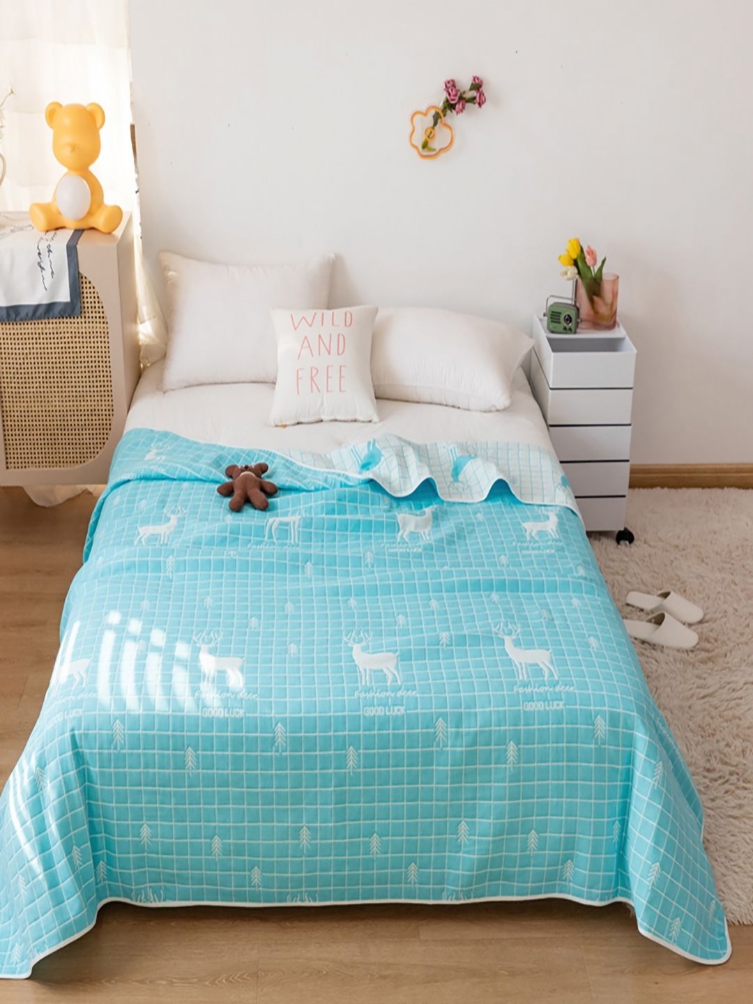 

JC HOME Blue & White Checked 400 GSM Pure Cotton Single Bed Quilt