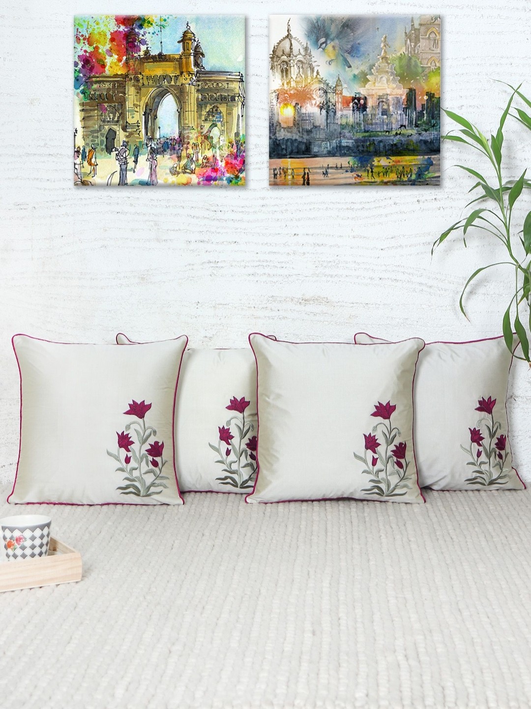 

ZEBA Off White & Pink 4 Pieces Floral Square Cushion Covers