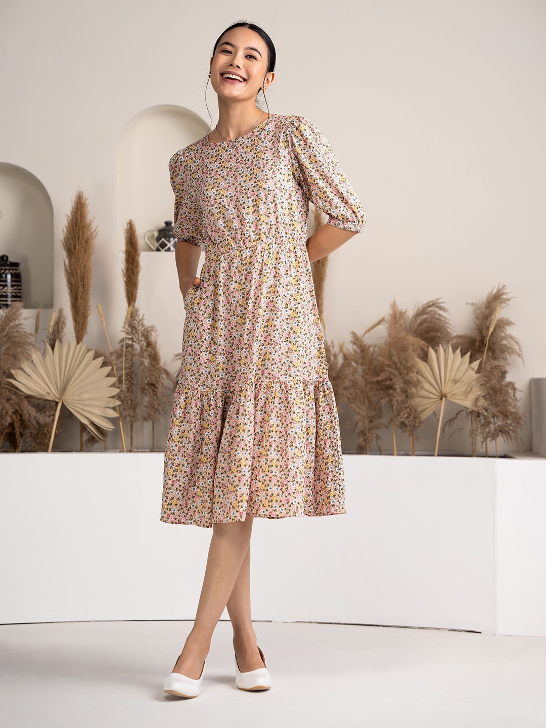 

AASK Floral Printed Puff Sleeve Fit & Flare Dress with Belt, Peach