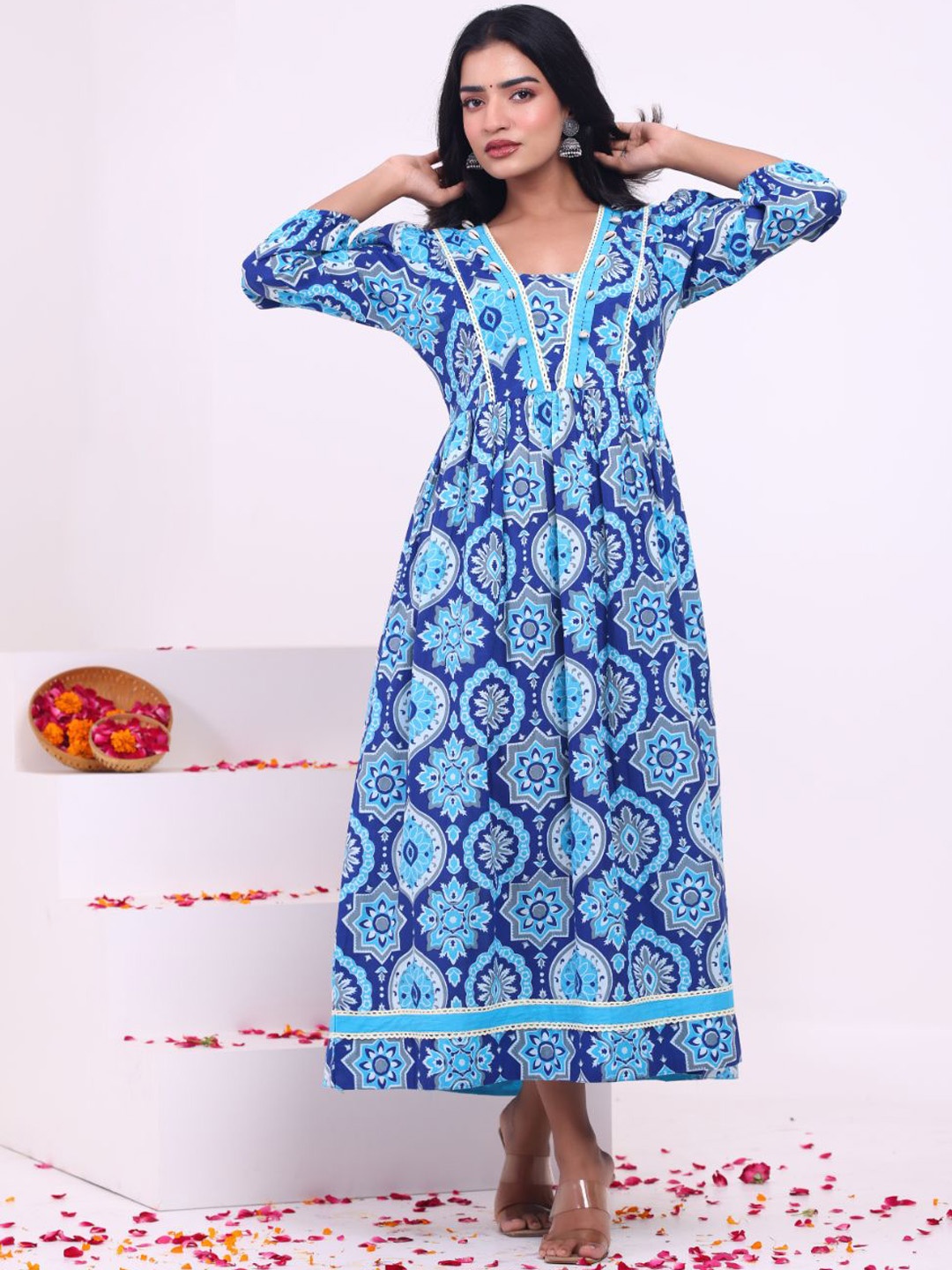 

KALINI Floral Printed V-Neck A-Line Midi Dress, Blue